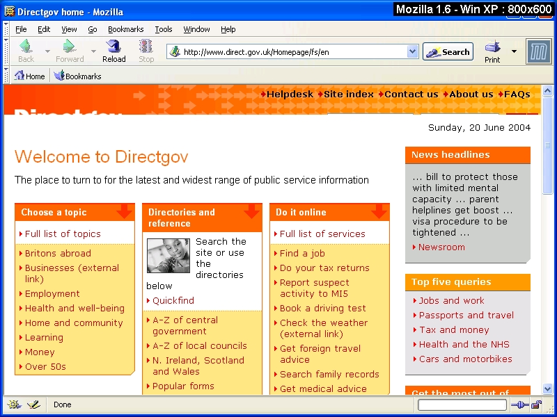 Browsercam image of Directgov site viewed using Mozilla 1.6 and Windows XP